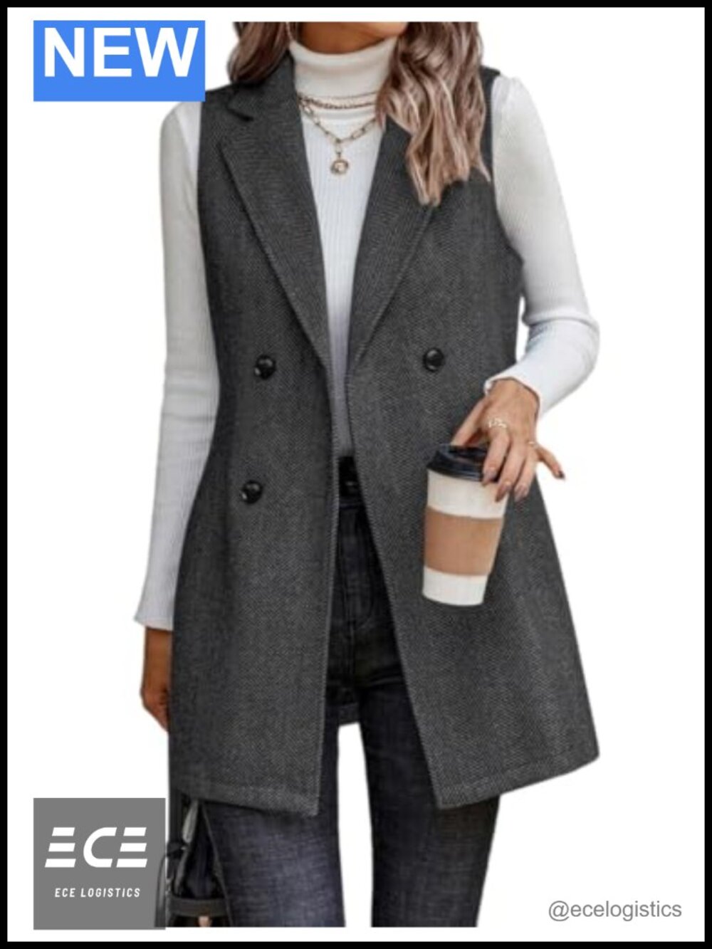Womens Long Sleeveless Tweed Blazer Vest Herringbone Wool Blend Business Casual